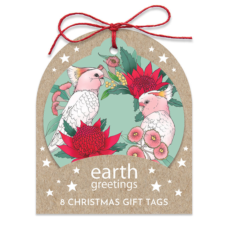 Pink Cockatoo Wreath Christmas Gift Tags